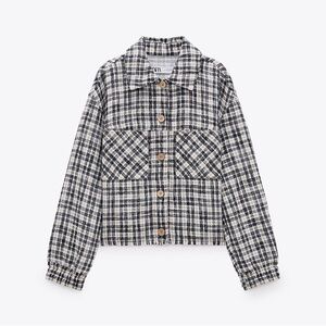 Zara Textured Tweed Check Plaid Raw Hem Button Down Oversized Shacket Jacket XS